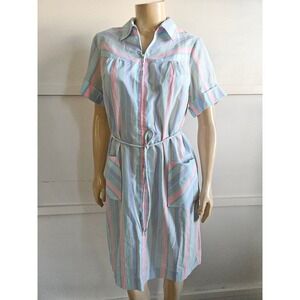 Vintage Striped Shirt Dress Collar Zip Pockets Tie Waist Size 14 1/2